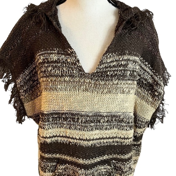 Denim & Supply by Ralph Lauren Tan & Brown Fringed Pullover Sweater Poncho Sz S - Picture 3 of 11
